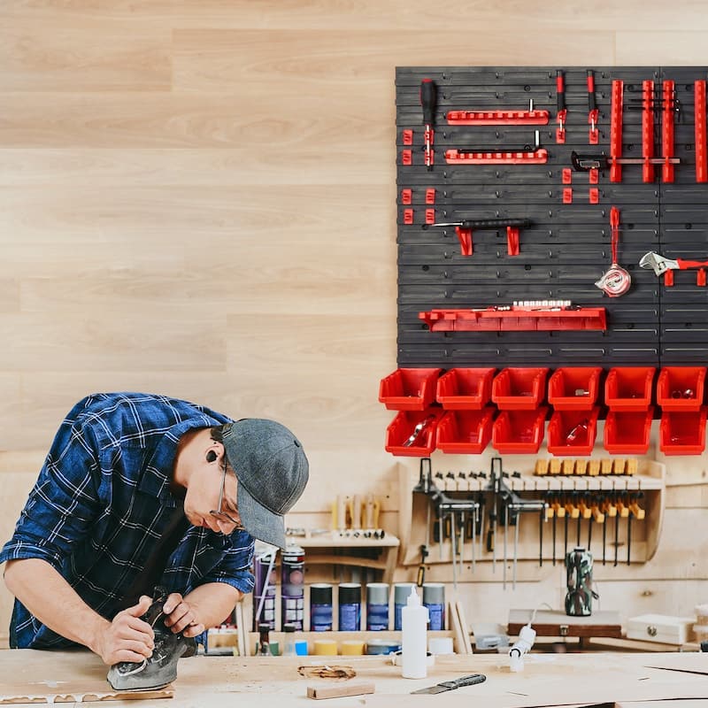 30-Bin Wall Mounted Garage Parts Rack Organizer with Wall Panels and Tool Holders - 67.72" x 30.51" x 6.69"