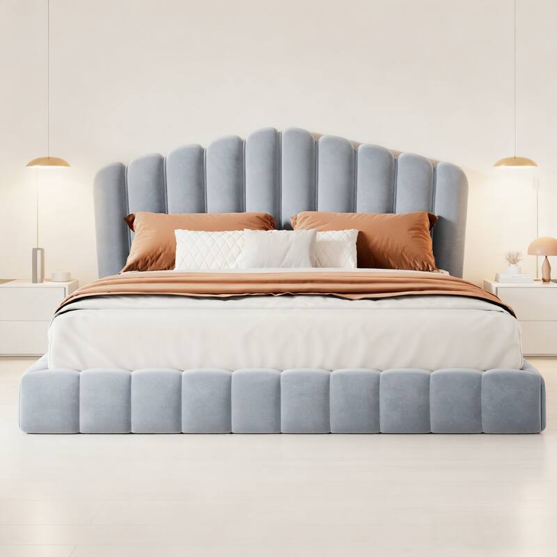 Velvet Upholstered Queen Bed Frame Shell-Shaped Headboard