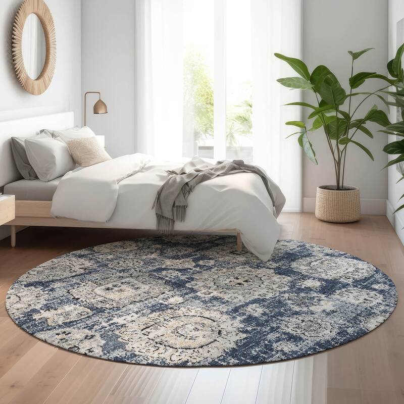 Premium Washable Super Soft Vintage Traditional Mayfield Rug - Navy - 8' x 8' - Round