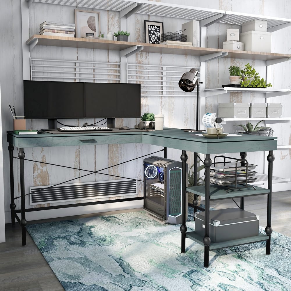 Haley Farmhouse 59-inch Metal L-Shaped Computer Desk with USBs by Furniture of America