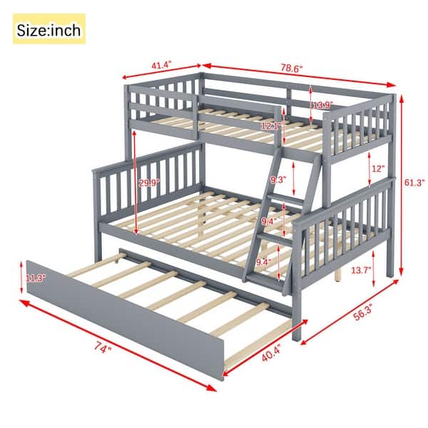 dimension image slide 0 of 3, Twin Over Full Bunk Bed with Trundle, Bunk Bed with Ladder and Guardrails, Convertible to 2 Beds