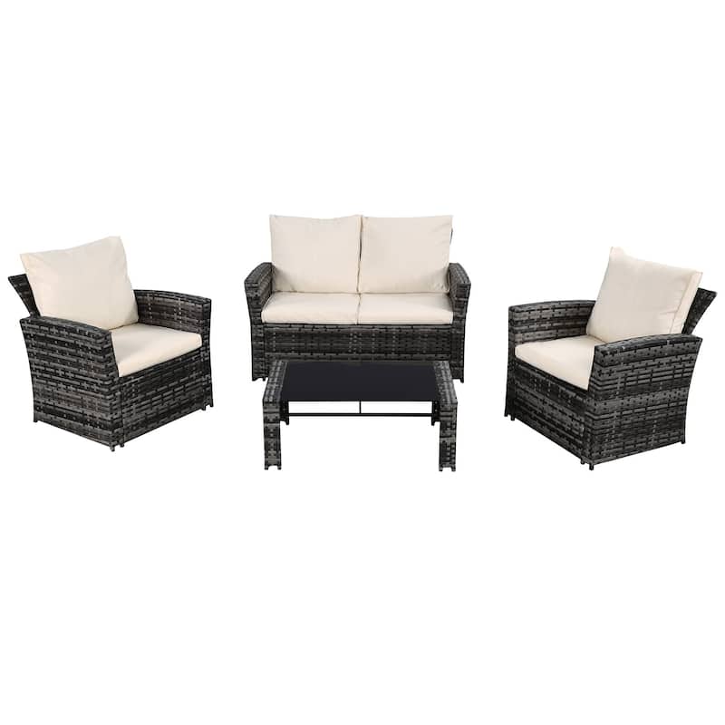 4-Piece Wicker Outdoor Sofa Set, 1 Loveseats, 2 Single Sofas, 1 Table