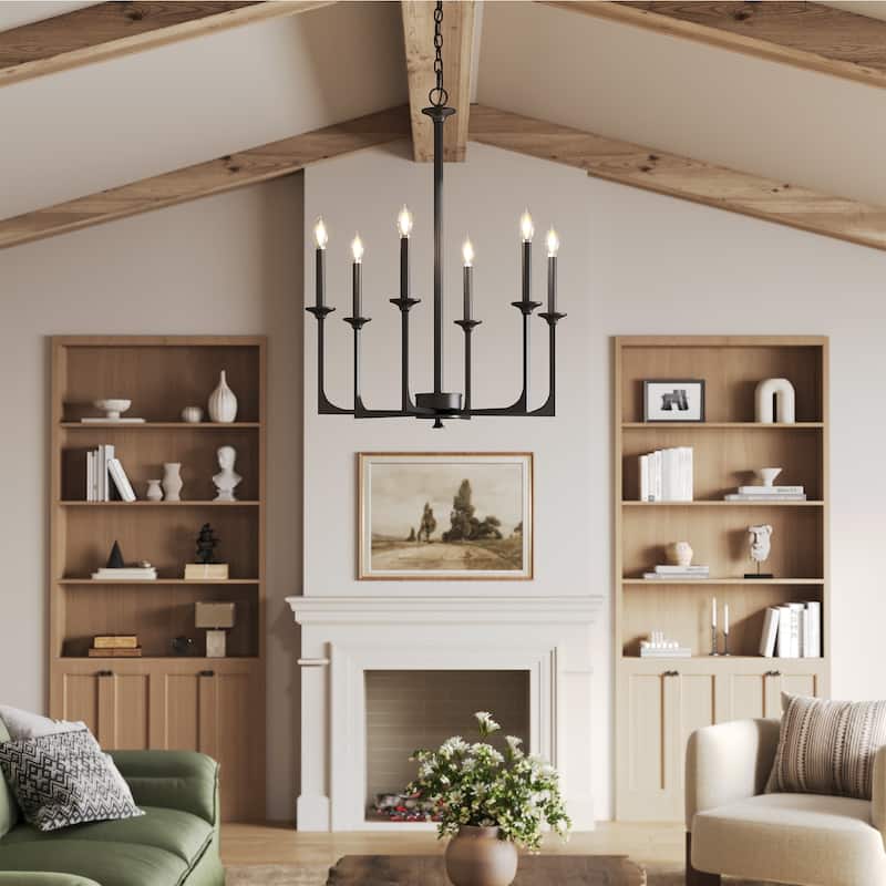 6-Light Matte Black Modern Chandelier with Adjustable Height