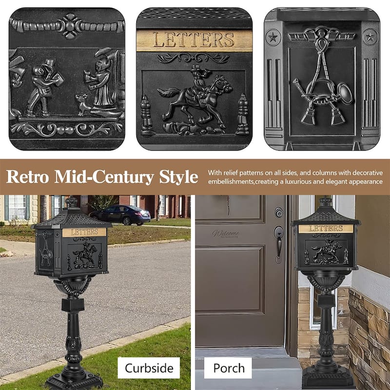 Aluminum Locking Mailbox with Post, Outside Weatherproof Mail Box - 45.5"T X 16.5"W