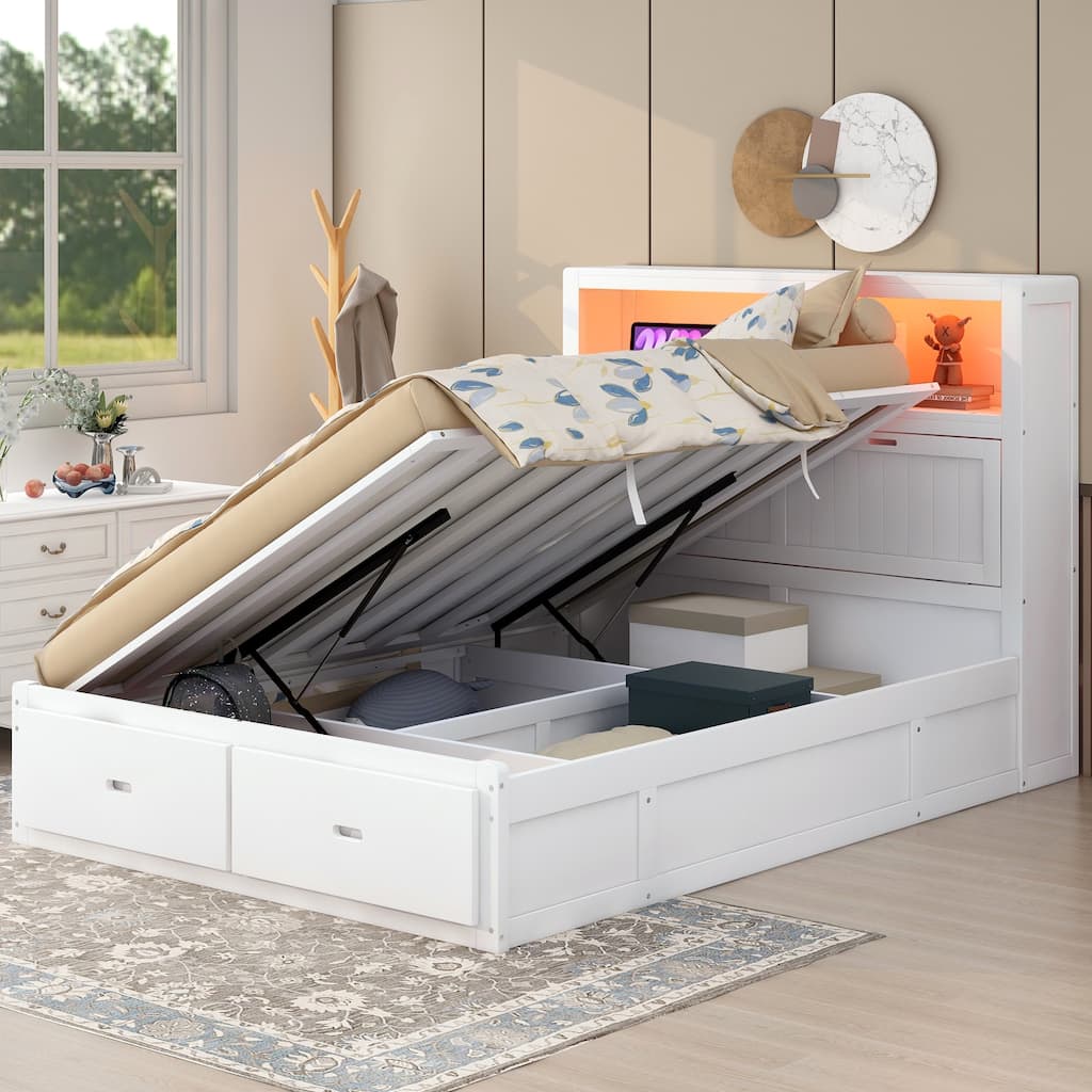 Full/Queen Size Lift Up Storage Bed with 2 Drawers, Wood Hydraulic Platform Bed with LED Storage Headboard and Charging Station