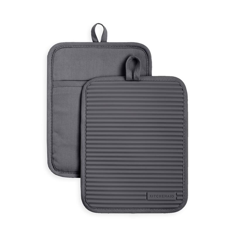 KitchenAid Ribbed Soft Silicone Pot Holder 2-Pack Set, 7"x9" - Charcoal Grey