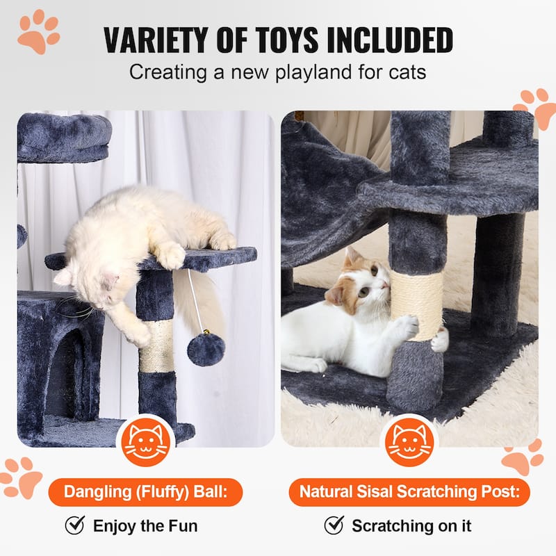 Cat Tree for Indoor Cats, 63" Cat Tower with 2 Cat Condos, Sisal Scratching Post, Hammock, Top Perch, Jumping Platforms,