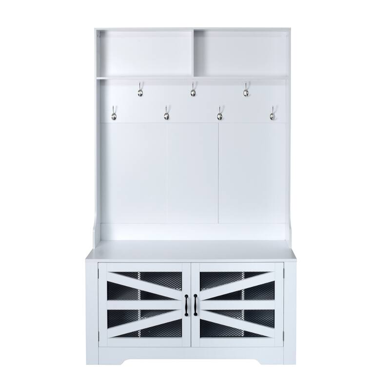43.3"Wide Hall Tree with Shoe Storage, Entryway Bench Mudroom Coat Rack Cabinet with 10 Cubbies, 7 Hooks