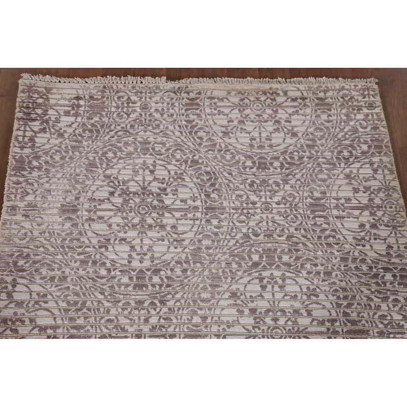 Ivory & Brown Modern Indian Abstract Accent Rug Handmade Wool Carpet - 3'0"x 5'1"