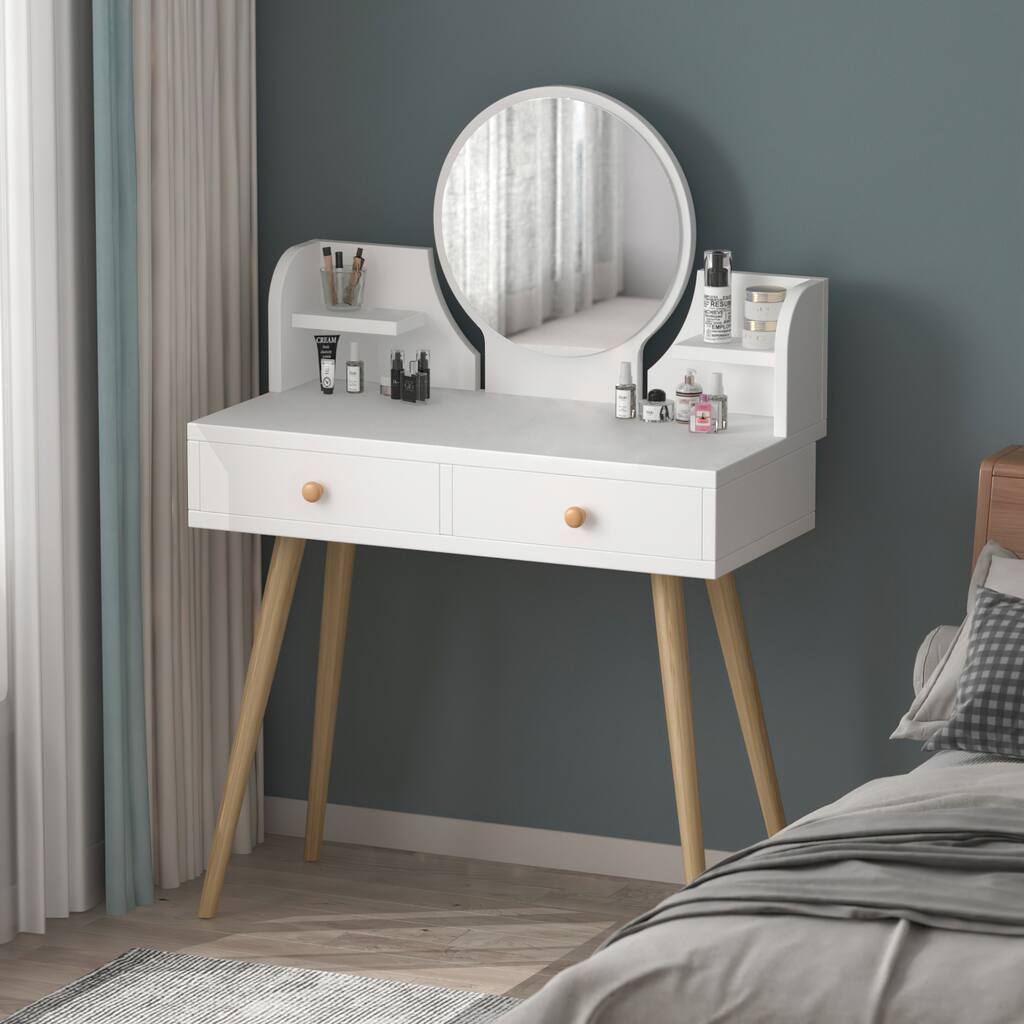 Kerrogee Wooden Makeup Vanity Table with Round Mirror - Open Shelves & 2 Drawers - White - 31.5"L x 15.7"W x 47.6"H
