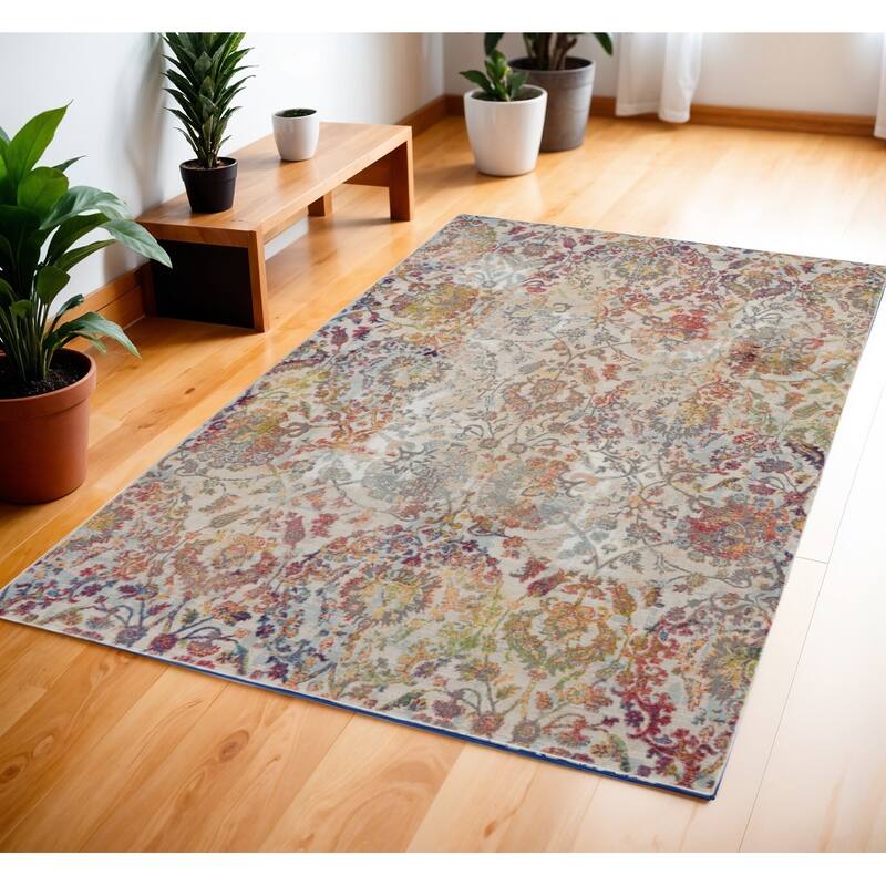 Cibe Power Loomed Distressed Floral Traditional Non Skid Area Rug By HomeRoots - 72' X '48' X '0.5 - 72' X '48' X '0.5 - Orange - Rectangle