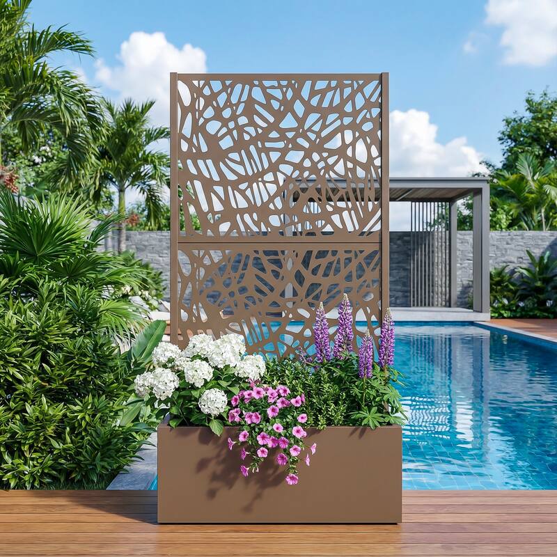 Metal Galvanized Planter Box with Trellis Privacy Screen Lockable Wheels