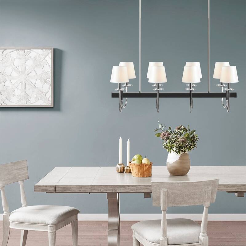 8-Light Chandelier, Wide Rectangular Drum Shaped Pendant Light for Dining Room - White