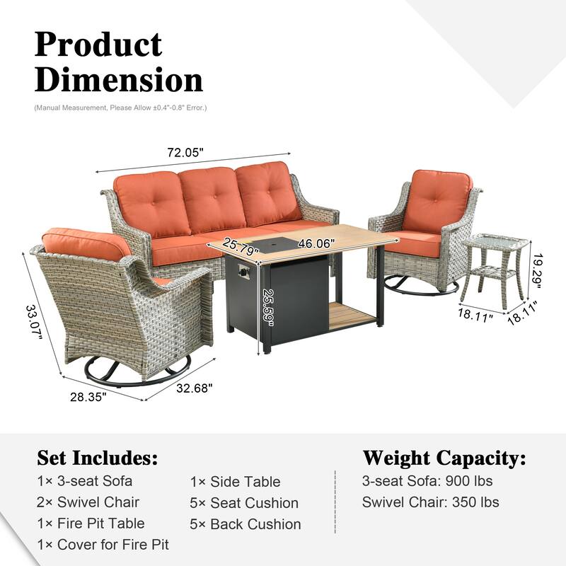 XIZZI 5-piece Patio Furniture Wicker Swivel Rocking Chair Set with Fire Pit