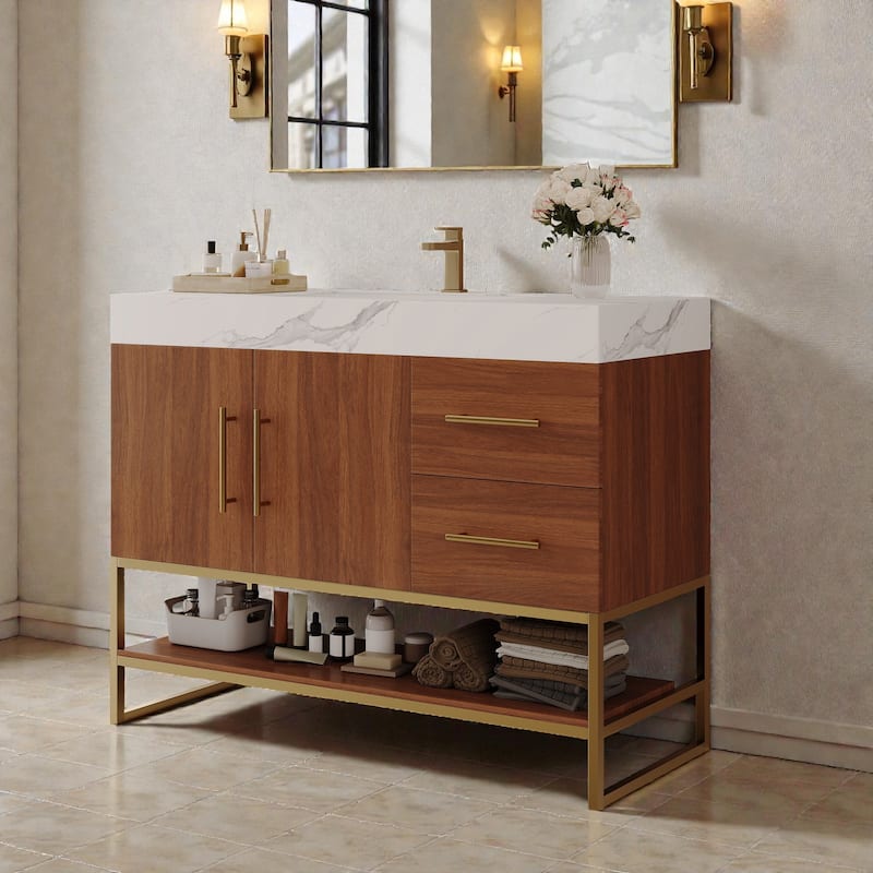 36 Inch Modern Bathroom Vanity with Seamless Ceramic Sink, Freestanding Cabinet with Gold Accents and Storage
