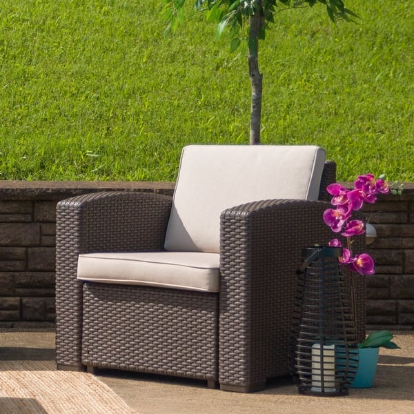 slide 2 of 19, Faux Rattan Chair with All-Weather Cushion Brown