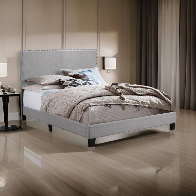 Shirin Twin Size Bed, Wood, Nailhead Trim, Upholstered Headboard, Gray