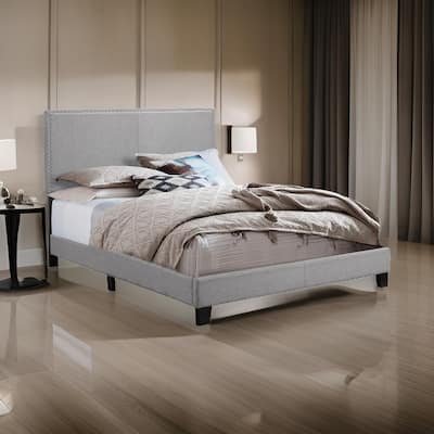 Shirin Twin Size Bed, Wood, Nailhead Trim, Upholstered Headboard, Gray