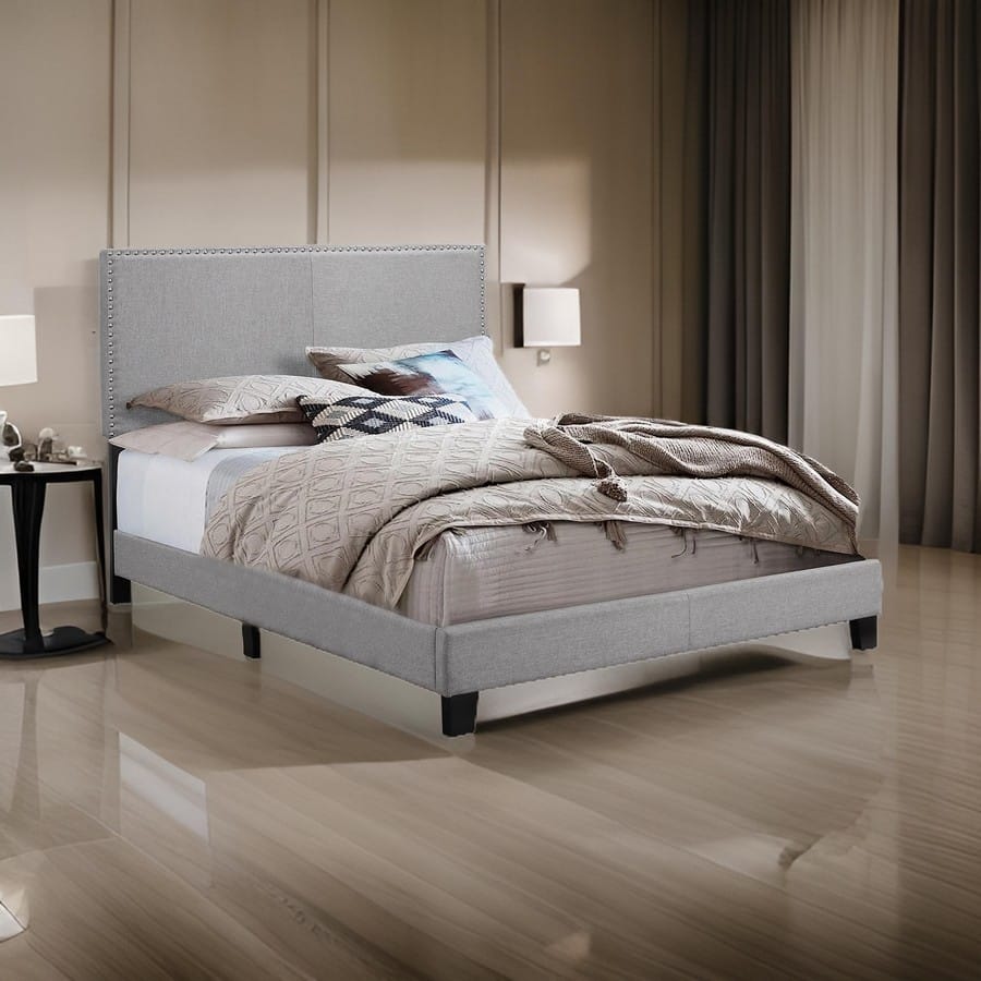 Shirin Twin Size Bed, Wood, Nailhead Trim, Upholstered Headboard, Gray