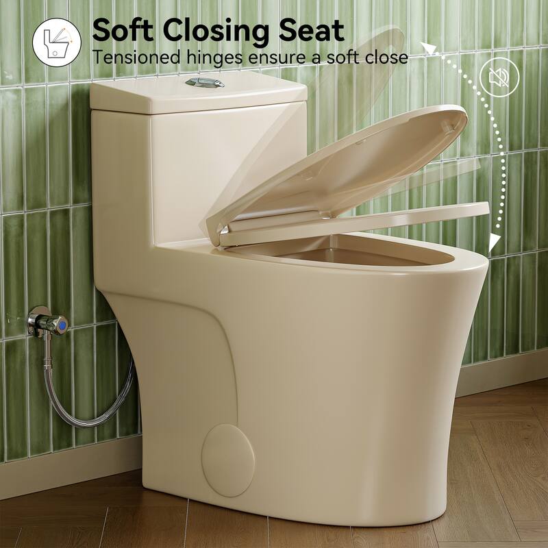 HOROW One Piece 0.8/1.28 GPF High Efficiency Dual Flush Elongated Biscuit Toilet with Soft Close Seat - N/A
