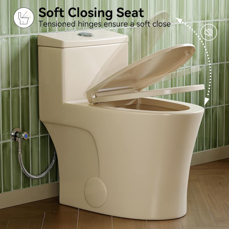 HOROW 1 Piece High Efficiency Dual Flush Elongated Toilet Biscuit 0.8 1.28 GPF Seat Included