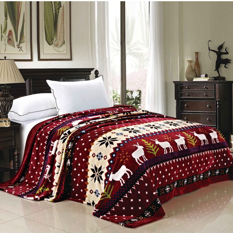 Serenta Printed Christmas Flannel Fleece Blanket - twin (60" x 90") - Burgundy Christmas Deer