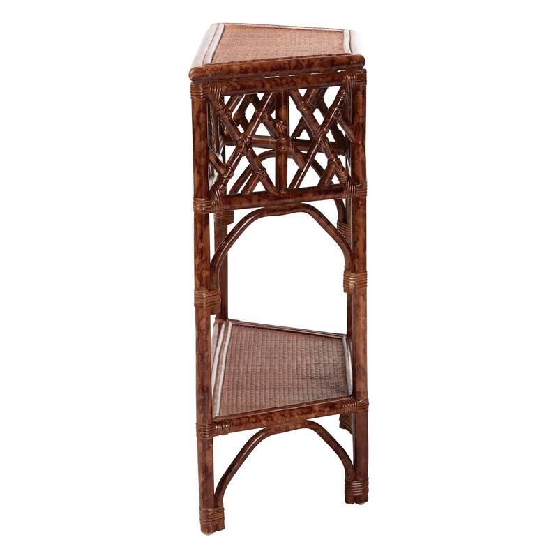Gaspar Marbled Tortoise Natural Rattan Console Table - Handcrafted Accent Table with Chippendale Design, Coastal Tropical Style