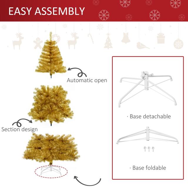 HOMCOM 6' Tall Unlit Full Fir Artificial Christmas Tree with Realistic Branches, Gold