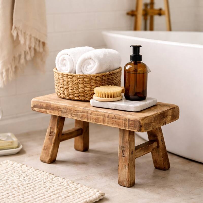 Artissance 11 in. W Rustic Vintage Mini Stool – Rectangular Wooden Accent with Weathered Natural Finish - 11" W x 5" L x 9" H