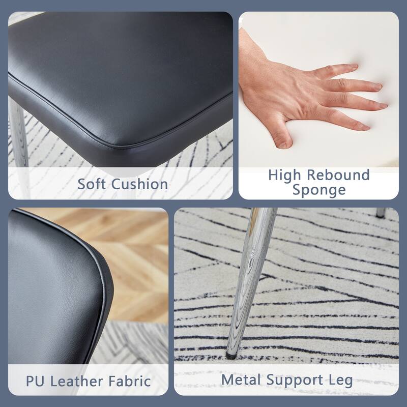 Roomfitters 5pcs Marble Pattern Dining Table Set with Stainless Butterfly Legs and PU Chairs with Stripe Backrest, Black