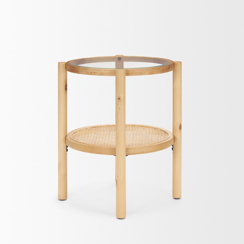HomeRoots 24" Clear and Light Brown Glass and Solid Wood Round End Table With Shelf - 21.5' X '24' X '21.5