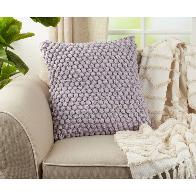Cotton Throw Pillow With Crochet Pom Pom Design And Down Filling - Lavender