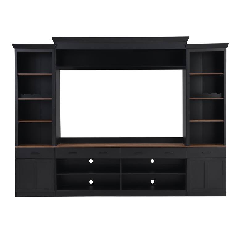 4-Piece, Farmhouse-style TV Stand, for TVs up to 70 Inches with 4 Drawers, Bookshelf and Wine Rack, for Living Rooms