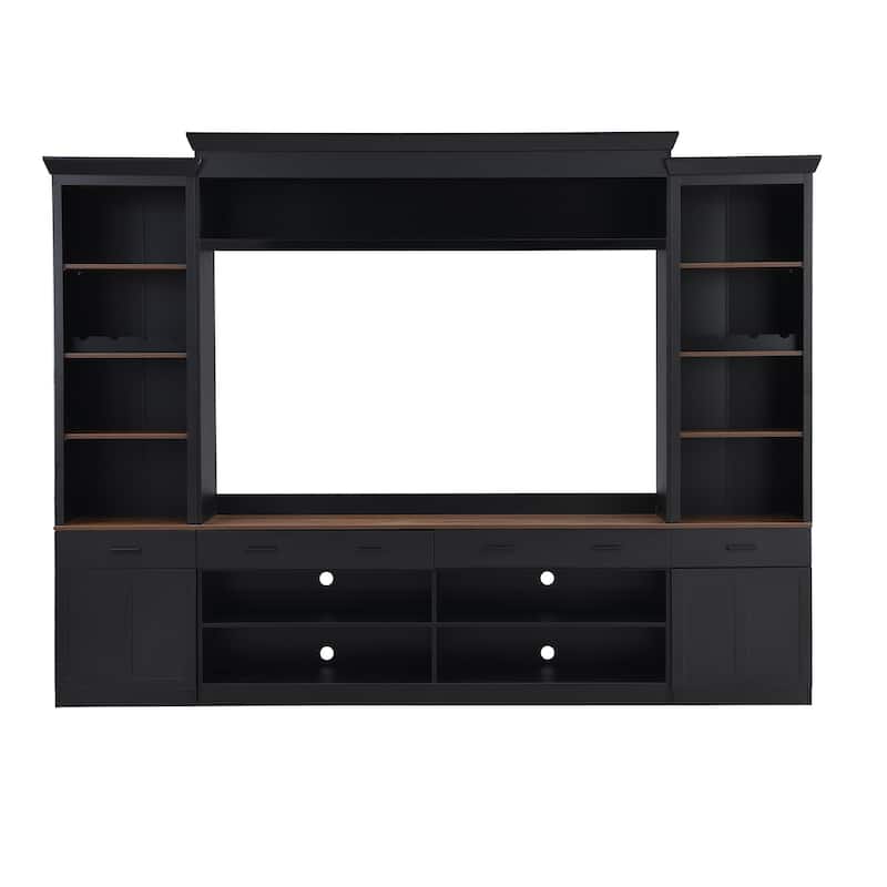 Roomfitters Mid-Century 4-Piece Entertainment Wall Unit with Bookshelves, TV Stand for TVs up to 70" withShelves and Wine Rack