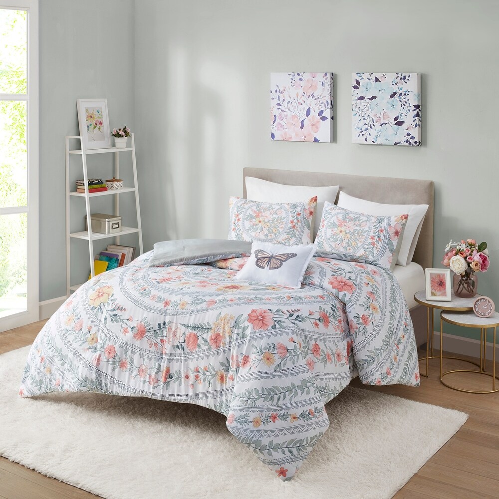 Pink Polka Dot Peace ＆ Love 100% Cotton Reversible Quilt Bedding Set for Kids Girls, Coverlet, Bedspread Flower Pastel, Full Queen-6 Piece:1 Quilt