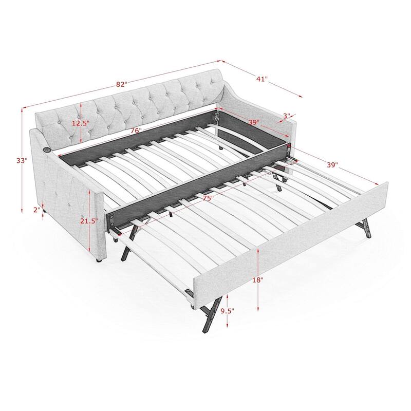 Upholstery DayBed w/Twin Size Erectable Trundle & USB Charging Design