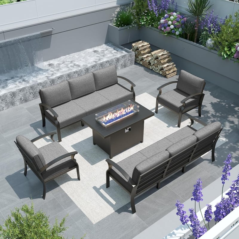Aluminum Patio Furniture Set with FirePit Ottomans Swivel Chairs,Sectional Sofa with Thick Seat Cushions for Porch Garden