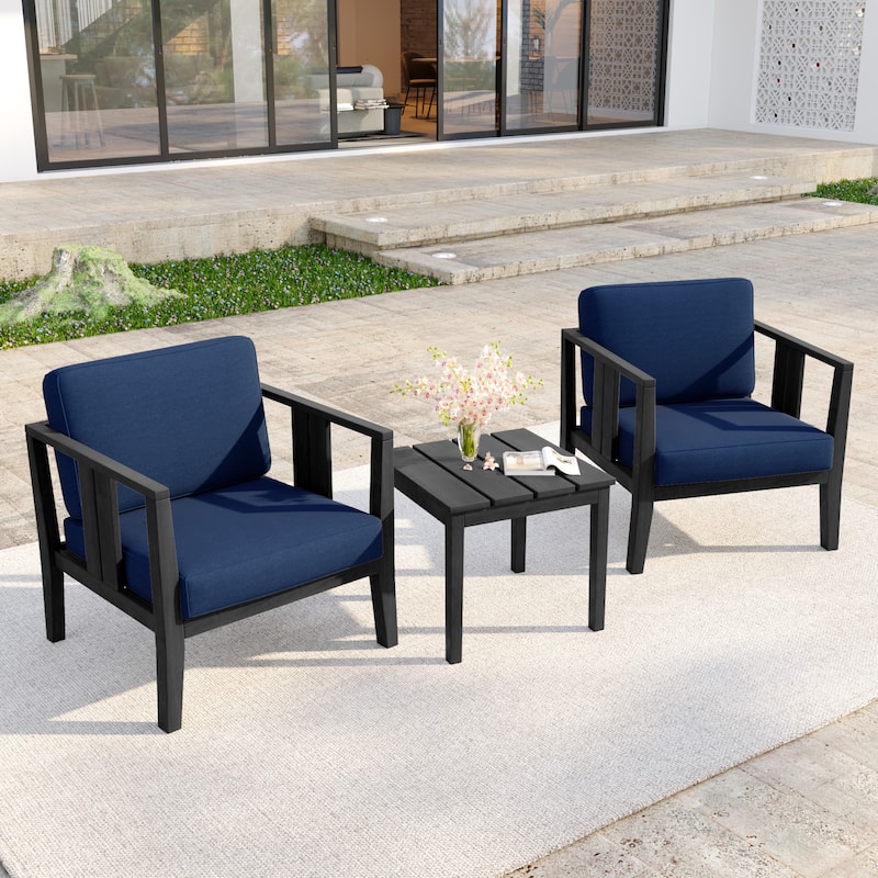 Casual 29"W Outdoor Patio Armchair Set In Solid Teak Wood with Cushion - Dark Wood - Navy