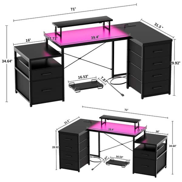 dimension image slide 1 of 4, 71'' L-Shaped Desk with File Drawers, Reversible Computer Desk with Power Outlets and Smart LED Lights
