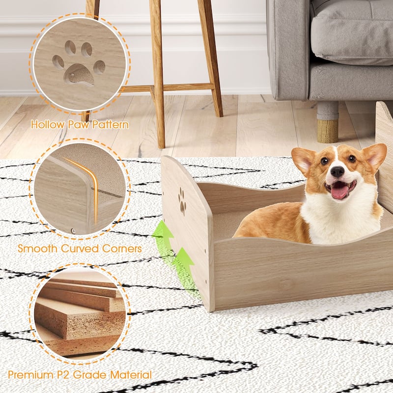 Natural Elevated Pet Bed Frame with Cute Headboards and Rails Ideal for Small Animals - 21" x 18" x 20"