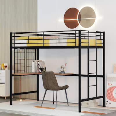 Black Twin Size Metal Loft Bed with Desk, Ladder and Metal Grid for Kids, Teens, Girls, Boys