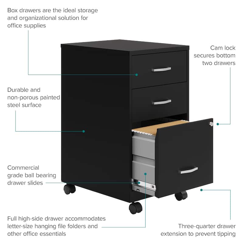 Space Solutions 18"Deep 3 Drawer Mobile Organizer Metal Cabinet, Black
