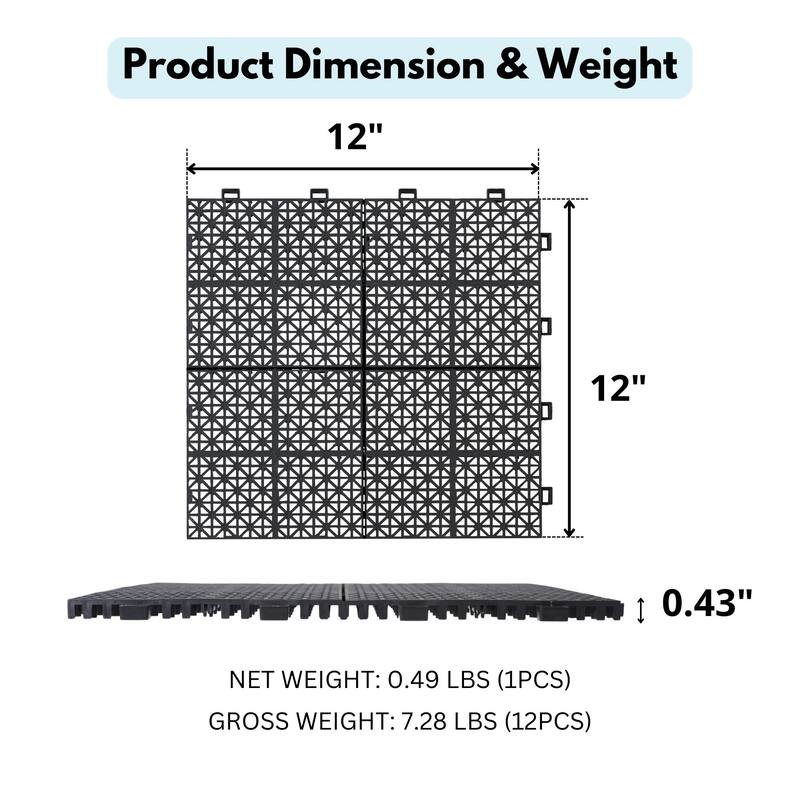 12 x 12 Inch Interlocking Deck Tiles Plastic Waterproof Outdoor All Weather Anti-slip Weight Capacity Upto 6613 LBS, Pack of 12