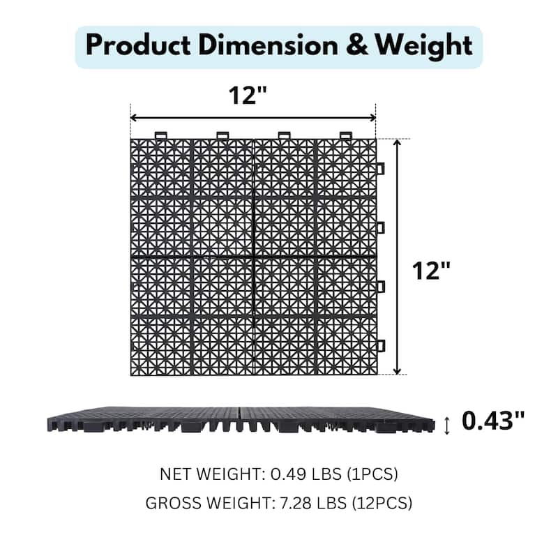 12 x 12 Inch Interlocking Deck Tiles Plastic Waterproof for Bathroom Shower Balcony Porch Pebble Stone Pattern（12 Pack）