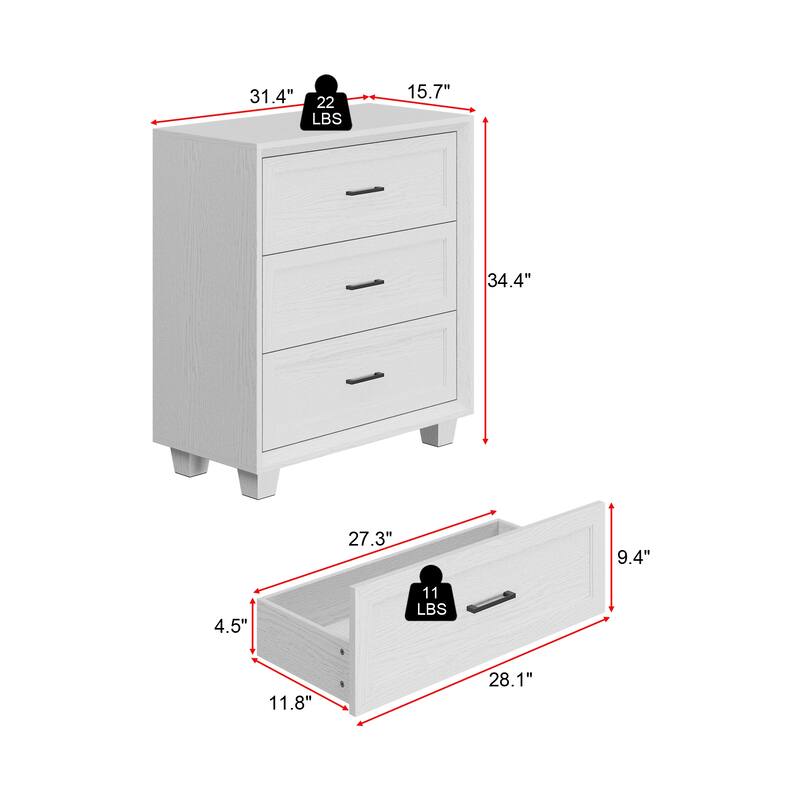 Wood - Grain 3 - Drawer Nightstand with Ample Storage Bedside Table Side Cabinet