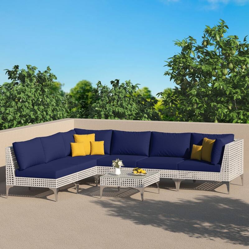 FINCATI Luxury Modern Patio Furniture Set with Side Table, Outdoor Wicker Conversation Set with 500 lbs Oversized Seats - 7 PCS-Navy Blue