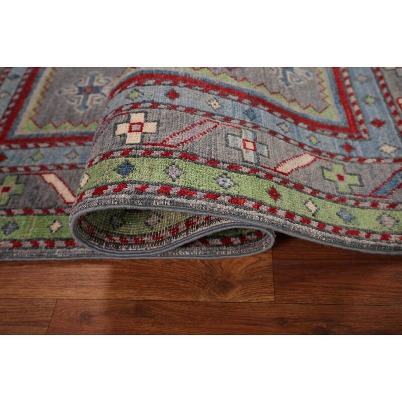 Kazak Accent Rug Hand-Knotted Grey Geometric Wool Carpet - 3'4" x 5'0"
