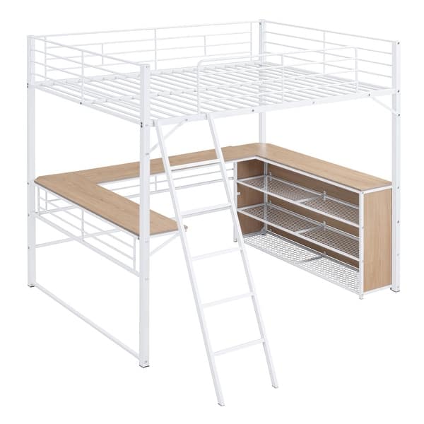 slide 2 of 13, Metal Loft Bed Frame with L-Shaped Desk, Shelves, Ladder - Full White White - Full