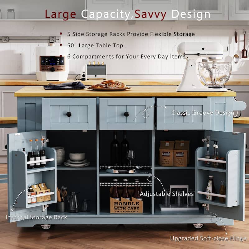 53″ Kitchen Island Cart with Power Outlet and Two Bar Stools