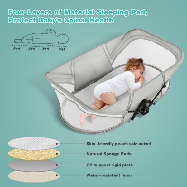 Travel Baby Bassinet Portable Baby Bed for Newborn Infants Folding Bedside Bed Crib with Mosquito Net Canopy Grey